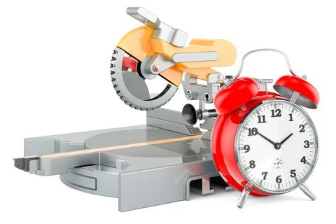 Table circular saw with alarm clock, 3D rendering Illustrazione stock