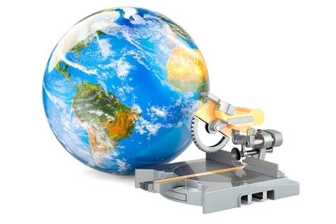 Table circular saw with Earth Globe. 3D rendering Illustrazione stock