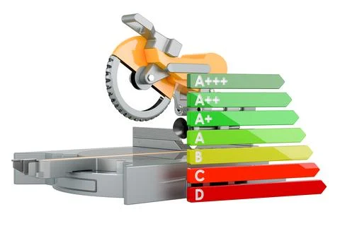 Table circular saw with energy efficiency chart, 3D rendering Ilustración de archivo