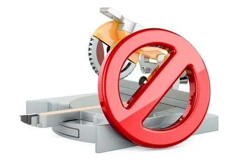 Table circular saw with forbidden symbol. 3D rendering Ilustración de archivo