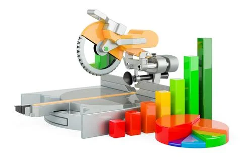 Table circular saw with growth bar graph and pie chart, 3D rendering Stock Illustration