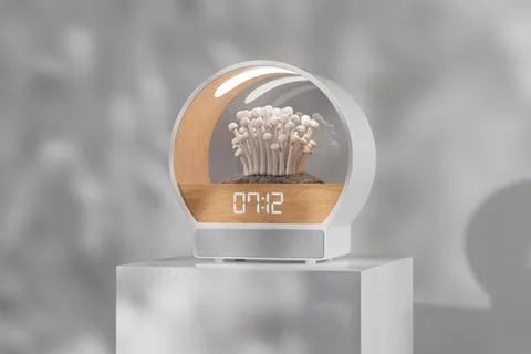 Table Clock with Glass Bulb for Growing Shimeji Mushrooms and Speaker on to.. Stock Illustration