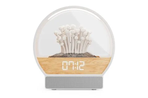 Table Clock with Glass Bulb for Growing Shimeji Mushrooms and Speaker. 3d R.. Stock Illustration
