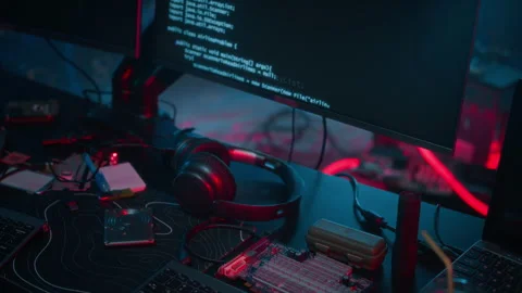 Table with Code Scripts and E-map on Computer Screens in Dark Neon Workspace Stock Footage 327634619