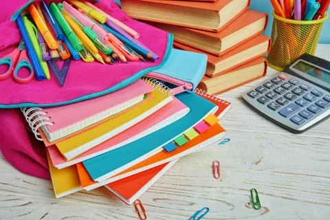 On the table is a composition of bright stationery Stock Photos