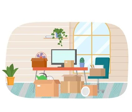 Table with computer in apartment, home office. Modern workplace interior with Stock Illustration