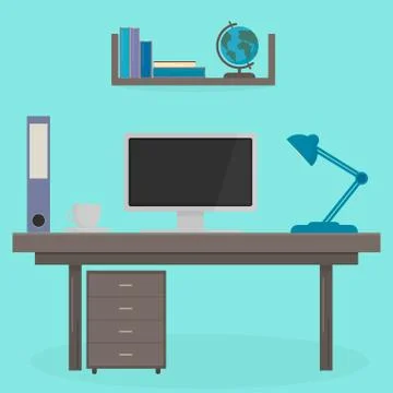 Table with computer, lamp and cup. Shelf with books and a globe on it. Workpl Stock Illustration