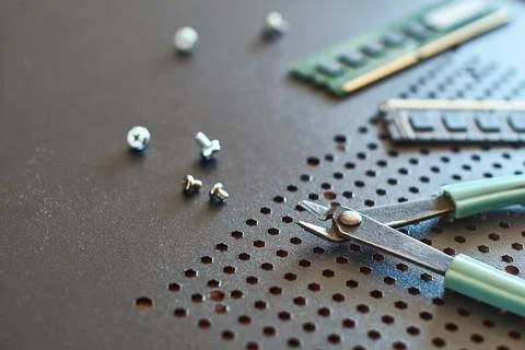 Table of a computer support engineering team with tools Stock Photos