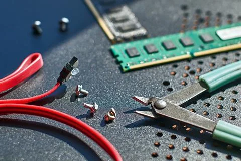 Table of a computer support engineering team with tools Stock Photos