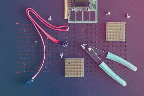 Table of a computer support engineering team with tools pictured in flat lay Stock Photos
