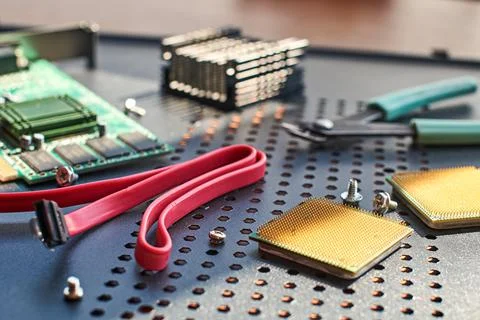 Table of a computer support engineering team with tools Stock Photos