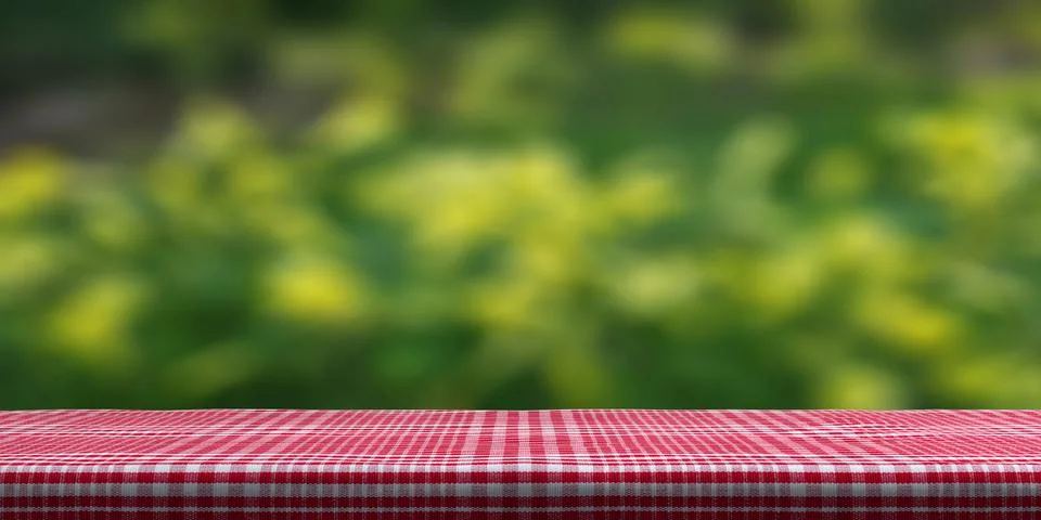 Table covered with red checkered tablecloth on blur nature background, copy s Stock Illustration