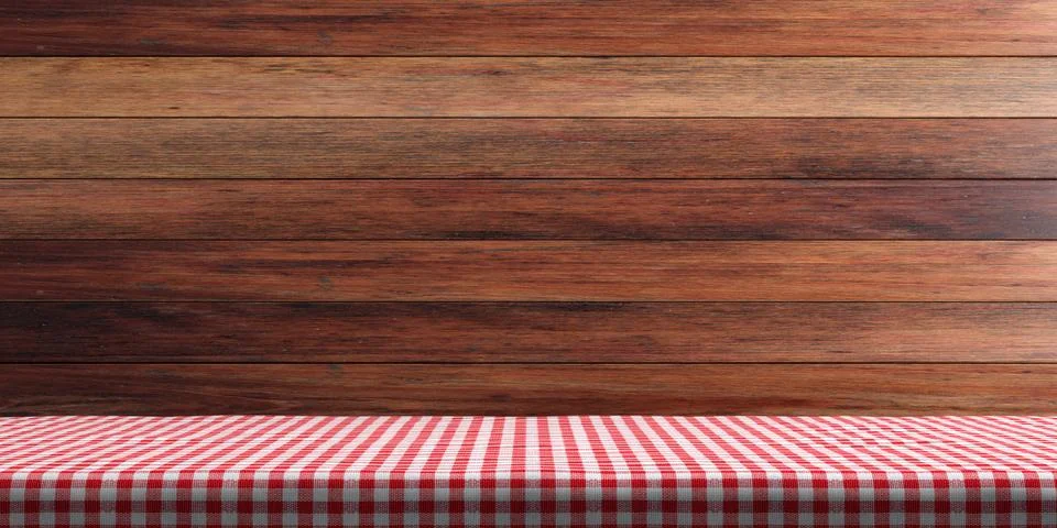 Table covered with red checkered tablecloth on wooden wall background, copy s Stock Illustration