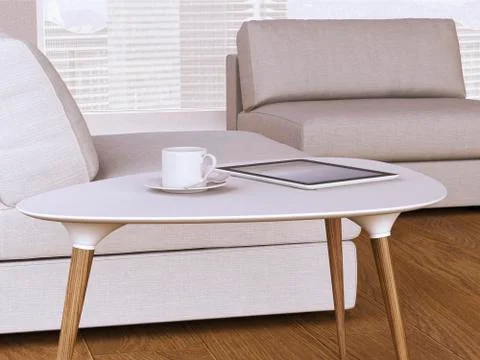 Table with cup and digital tablet, 3D Rendering Stock Illustration