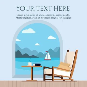 Table, cup of tea or coffee book and chair on the balcony or terrace with win Stock Illustration