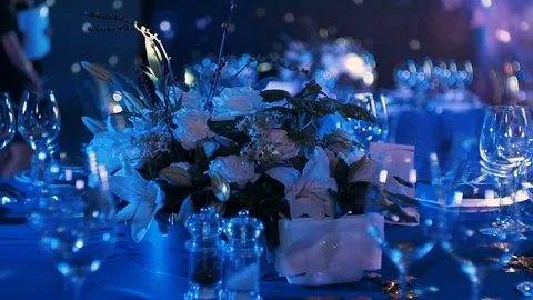 Table With Cutlery At Party. Empty Glasses In The Dark. 스톡 동영상 110755500