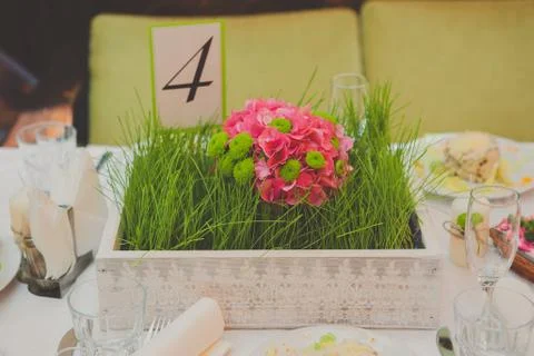 Table decor with flowers table numbers Stock Photos
