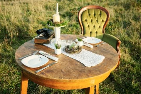 Table decor for romantic evening or photo session in the nature Stock Photos