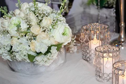 Table decorated with candles Stock Photos