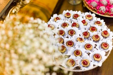 Table decorated with candy in wedding party Stock Photos