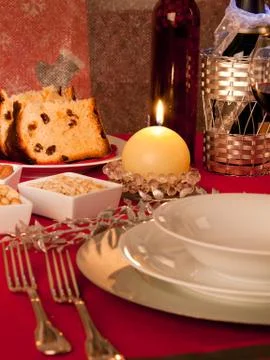 Table decorated for Christmas dinner Stock Photos
