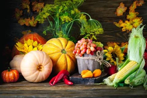 The table, decorated with vegetables and fruits. Harvest Festival. Happy Than Stock Photos