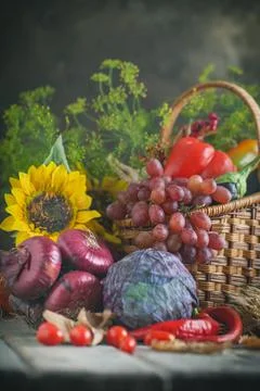 The table, decorated with vegetables, pumpkins and fruits. Harvest Festival Stock Photos