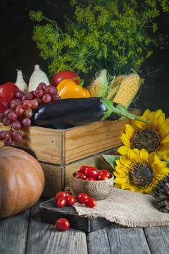 The table, decorated with vegetables, pumpkins and fruits. Harvest Festival Foto stock