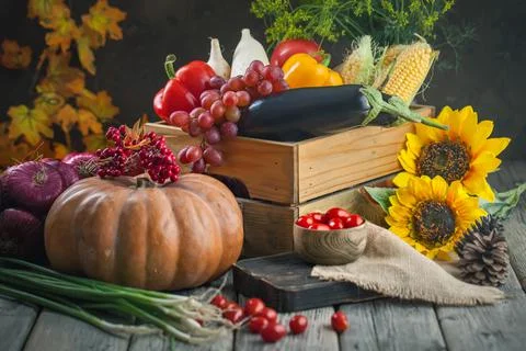 The table, decorated with vegetables, pumpkins and fruits. Harvest Festival Foto stock