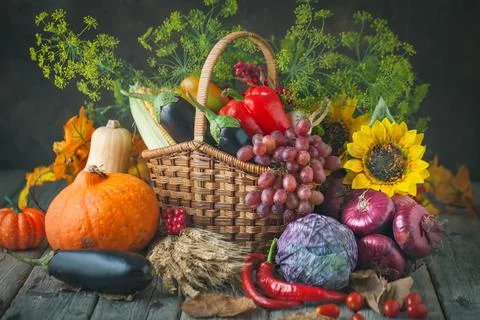 The table, decorated with vegetables, pumpkins and fruits. Harvest Festival Foto stock