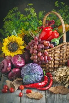 The table, decorated with vegetables, pumpkins and fruits. Harvest Festival Foto stock