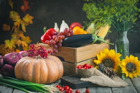 The table, decorated with vegetables, pumpkins and fruits. Harvest Festival Foto stock
