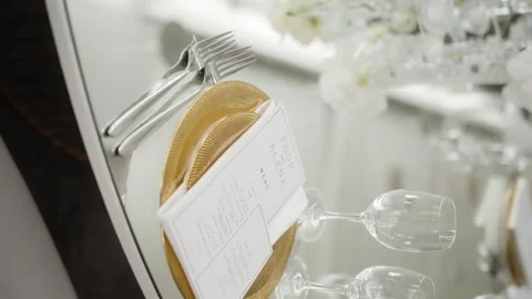 Table decorated for wedding dinner in restaurant Stock Footage 269893257