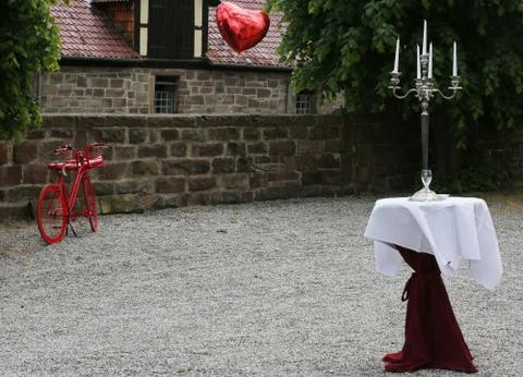 Table decoration with candlestick outside for the wedding in the castle Stock Photos