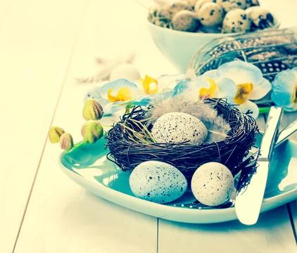 Table decoration with easter eggs nest on plate, on white wooden background Stock Photos