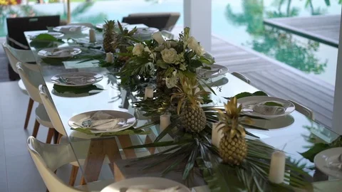 Table decoration at tropical villa Stock Footage 86509998