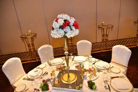 Table decoration for wedding dinner Stock Photos