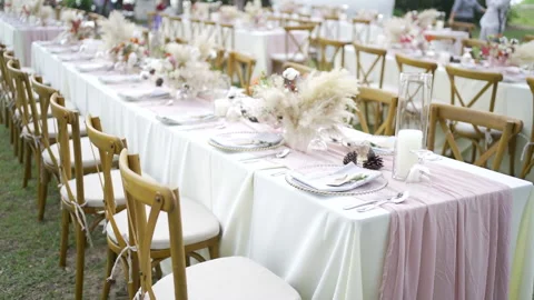 Table decoration wedding  reception dinner outside. Stock Footage 217912423
