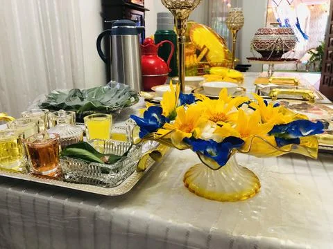 Table decorations before a traditional Buddhist pirith ceremony in Sri Lanka Stock Photos