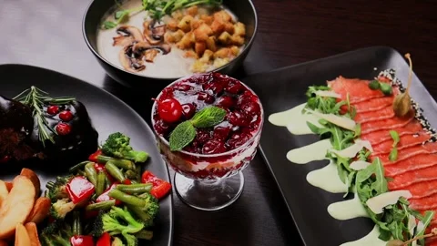 A table with different dishes for one person Video stock 328188031