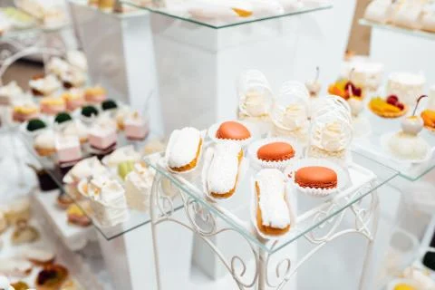 Table with different sweets for party. Candy bar. Stock-Fotos
