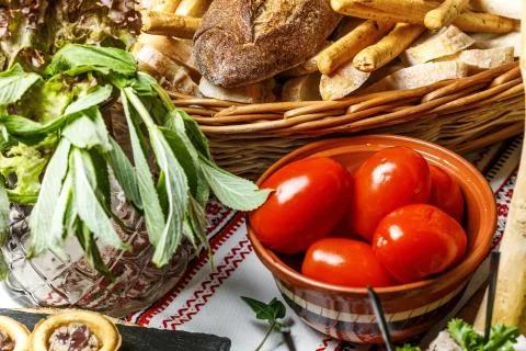 Table with different type of snacks preparing for party. Stock Photos