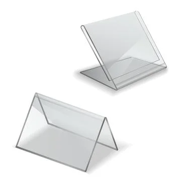 Table display. Realistic empty holder. 3D plastic board name card for event or Illustrazione stock