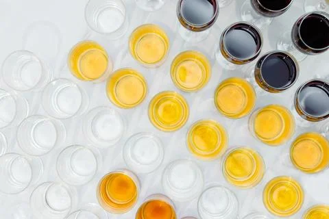 Table with drinks in glasses top view Stock Photos