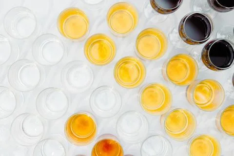 Table with drinks in glasses top view Stock Photos