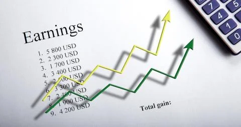 Table with earnings with digits, calculator and diagram Stock Illustration