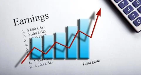 Table with earnings with digits, calculator and diagram Stock Illustration