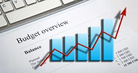 Table with earnings with digits, calculator and diagram Illustrazione stock