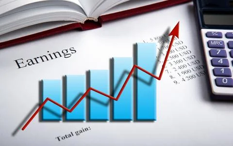 Table with earnings with digits, calculator and diagram Stock Illustration