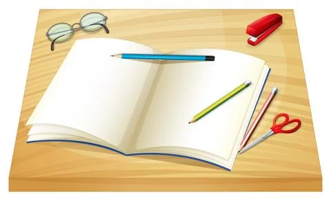 A table with an empty notebook, pencils and a pair of scissors Illustrazione stock